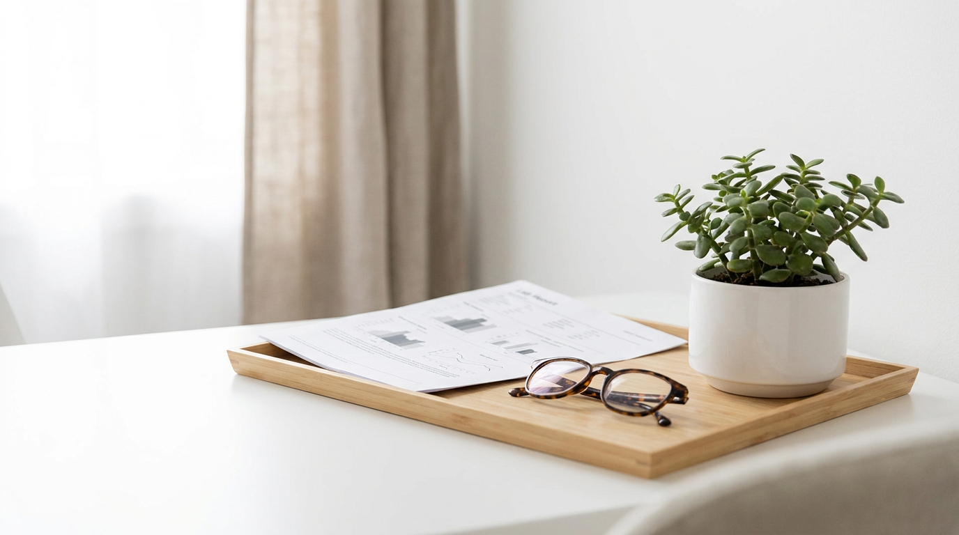 Hormone lab report and reading glasses on a desk, representing bioidentical hormone evaluation in Dallas