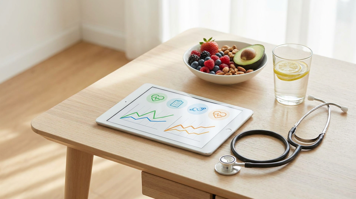 Wellness metrics, stethoscope, and healthy food on a desk, representing data-driven health optimization in Dallas