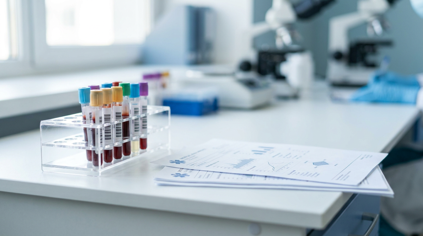 Blood sample vials and a lab report representing testosterone lab testing in Dallas